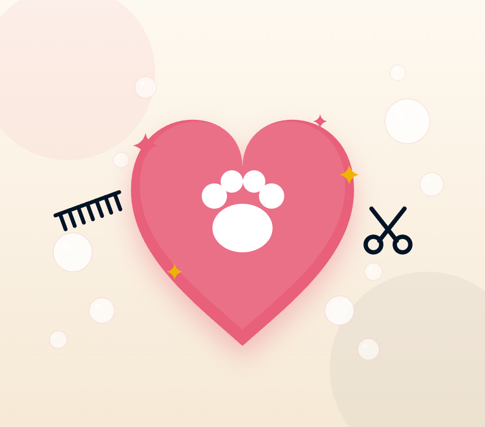 Illustration of a coral heart cradling a paw print, with grooming tools and bubbles